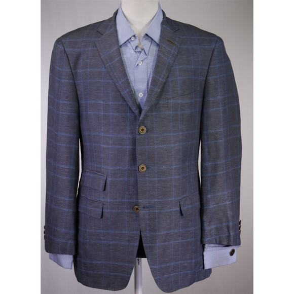 Hugo Boss Tailored Blue Plaid Linen Silk Sportcoat Blazer Current Piacenza 40R - Picture 2 of 11